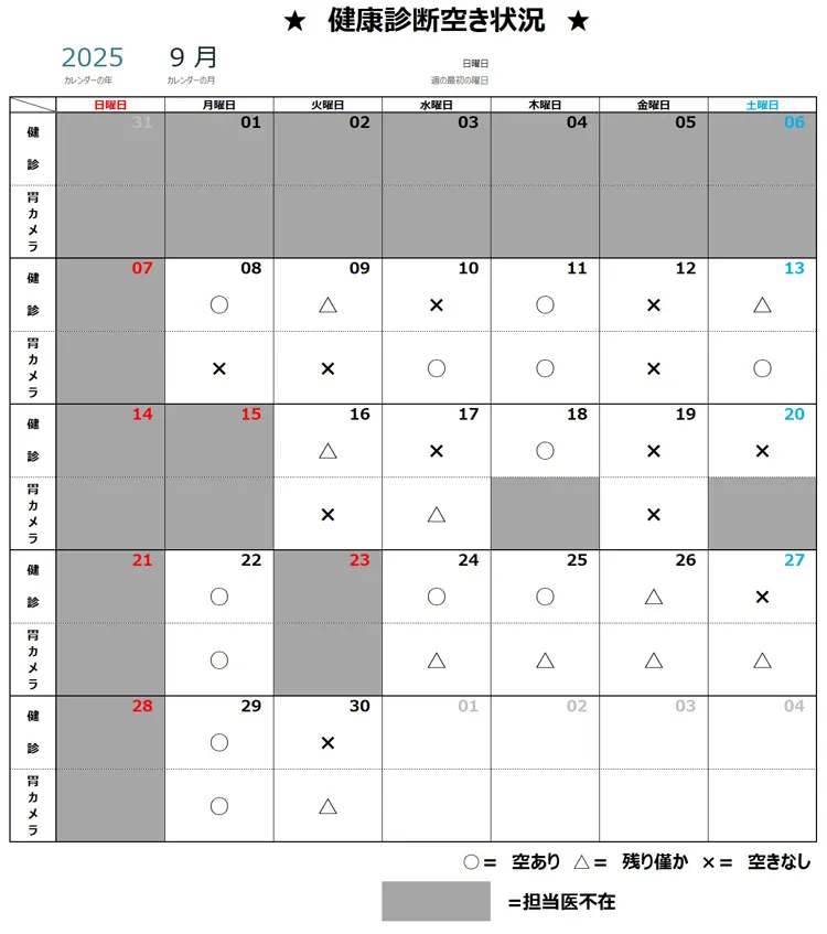 9月健康診断空き状況