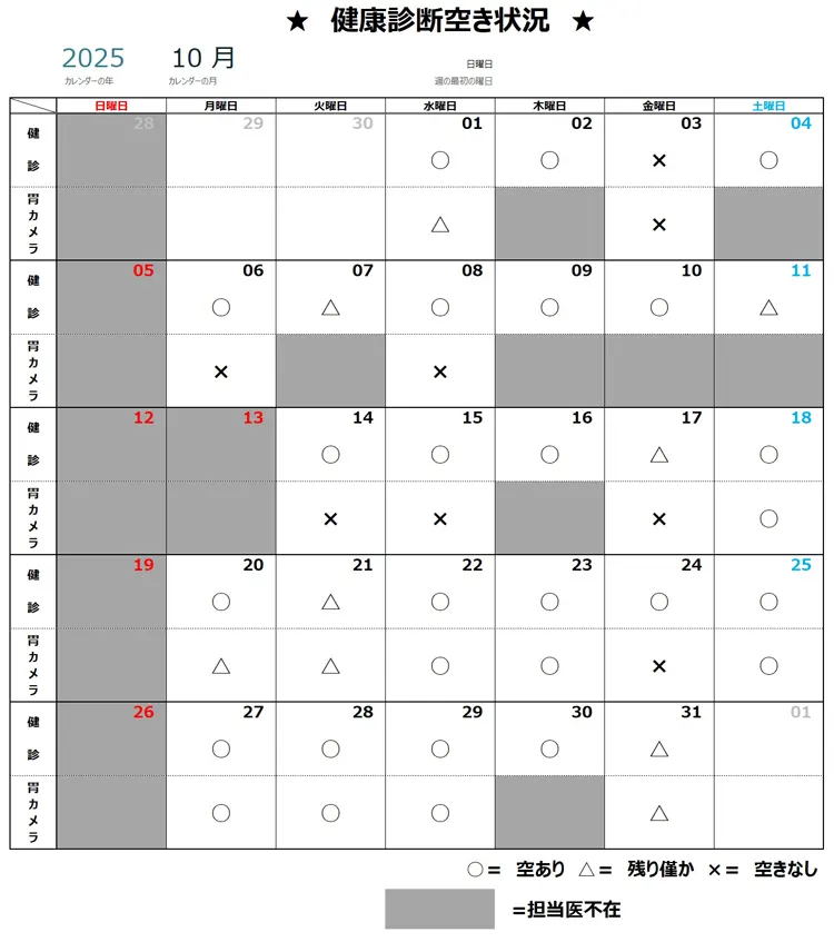 10月健康診断空き状況
