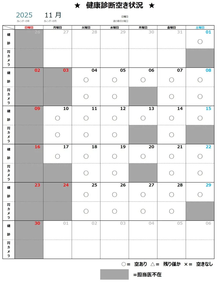 11月健康診断空き状況